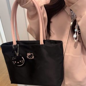 Cute delicate teenage commuter large capacity tote bag kitty embroidery handbag light armpit handbag girl