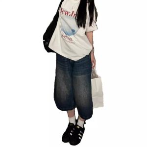 American high street vintage washed wide-leg denim shorts, women's versatile mids, loose straight cropped pants