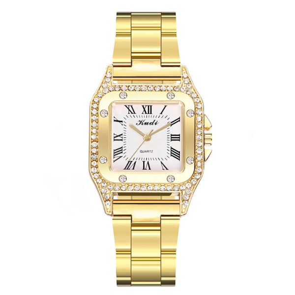 Cross Border New Square Women Steel Band Watch Fashion Roman Diamond Gold Men's Watch Alloy Quartz Watch - Image 3