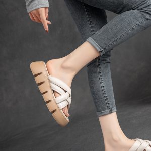 Shanghai Jiesu's new thick-soled top-layer cowhide woven sandals for the summer of 2022 is a casual fashion trend women's shoes