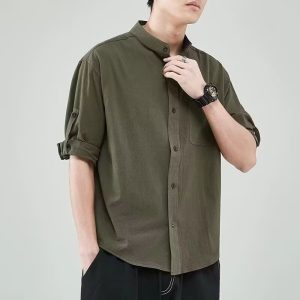 Linen shirt men's short sleeve shirt loose large size Japanese style collarless summer cotton linen thin jacket with cropped mid sleeves