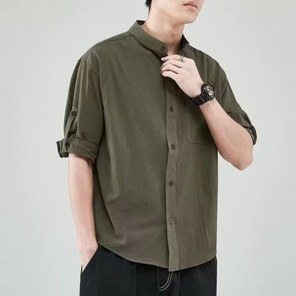 Linen shirt men's short sleeve shirt loose large size Japanese style collarless summer cotton linen thin jacket with cropped mid sleeves