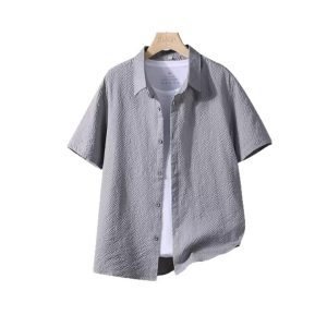 2025 new short-sleeved shirts, men's summer lapel shirts, solid color casual tops, loose and versatile base shirts, trends