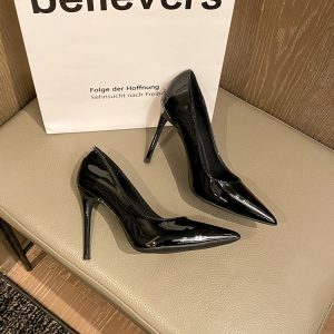 Spring New High Heels Thin Heels Shallow Mouth Pointed Toe Professional Black OL Business Work Shoes Women's Fashion Patent Leather Single Shoes