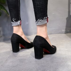 Interview: black high heels, women's pointed toe, work occupation, office work shoes, thick heels, high heels, suede, etiquette shoes