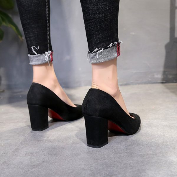 Interview: black high heels, women's pointed toe, work occupation, office work shoes, thick heels, high heels, suede, etiquette shoes - Image 3
