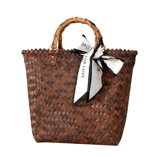 Large hand-woven bag fashionable and versatile woven cabbage basket vintage imitation bamboo bag beach handbag - Image 5