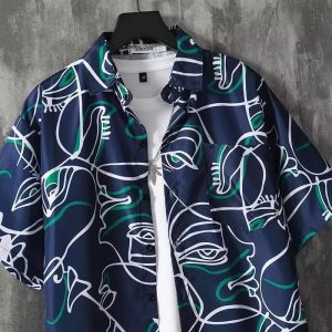 Comic print shirt men's ins trend summer Japanese short-sleeved shirt couple loose design sense niche jacket