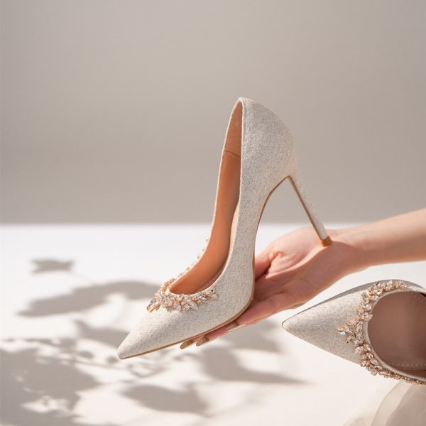 2025 New French High Heels Thin Heel Pointed Rhinestone Trimming Versatile Korean White Crystal Shoes - Image 2