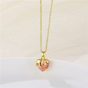 European and American cross-border jewelry, zircon love necklace, women's stainless steel heart-shaped crystal clavicle chain, peach heart strawberry necklace