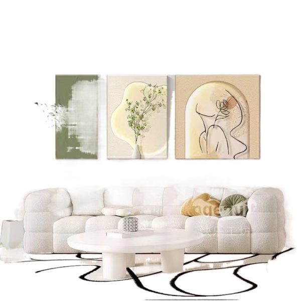 Cream simple living room decoration painting flower high-end sofa background wall painting texture atmospheric sandstone triptych mural - Image 5