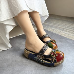 shoes cross-border hit 2025 summer new cowhide sandals ethnic style flower handmade platform women's shoes