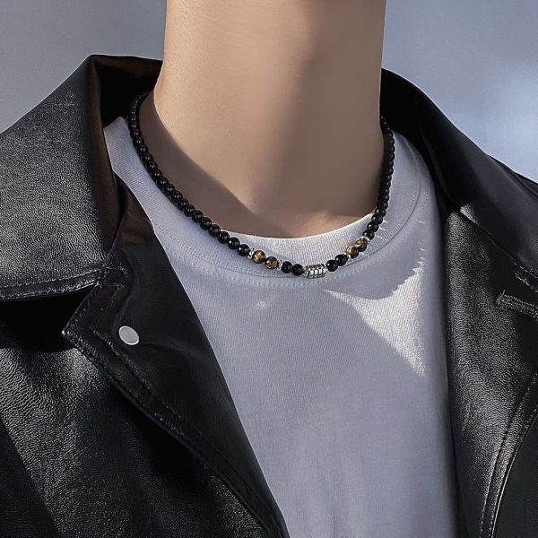 Niche design high-end new stainless steel men's necklace natural tiger's eye map stone beaded OT clasp necklace