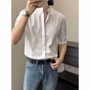 Summer stand-up collar ice silk short-sleeved shirt men's ins trendy brand new Chinese light mature style slim non-iron five-and-a-half shirt