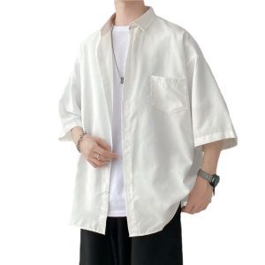 Summer solid color short-sleeved shirt, men's Korean version, trendy, versatile, loose, Hong Kong-style, Japanese-style literary bf, five-quarter sleeve top