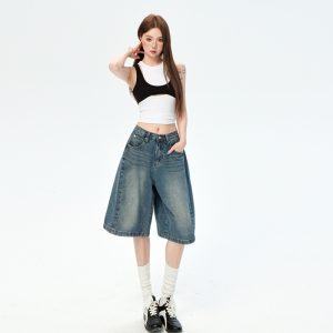 2025 American retro five-point jeans women's summer new loose high-waisted relaxed wide-leg five-point pants