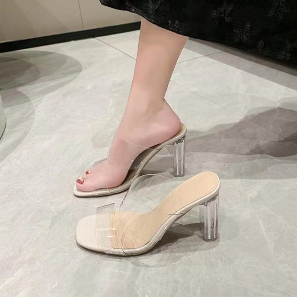 2023 summer new transparent high-heeled sandals women's mid-heel thick-heeled crystal fairy wind sandals and slippers women's outerwear - Image 3