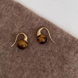 Vintage Maillard caramel color tiger's eye stone ear hook women's ins light luxury European and American style earrings niche design earrings