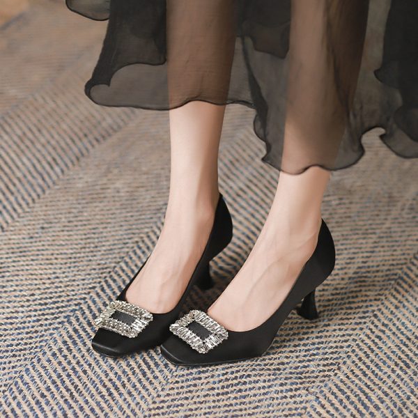 3788-8 Square toe thin heel rhinestone square buckle shoes for women, Korean pumps satin shoes, solid color commuter high heels, women's autumn