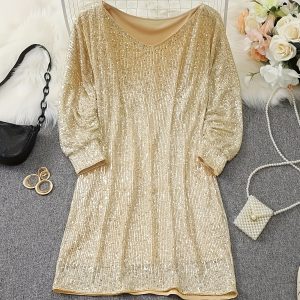 2025 new cross-border dropshipping shiny V-neck loose shoulder dress with elegant long sleeves
