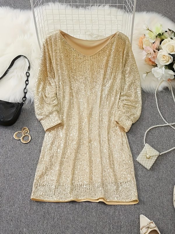2025 new cross-border dropshipping shiny V-neck loose shoulder dress with elegant long sleeves - Image 3