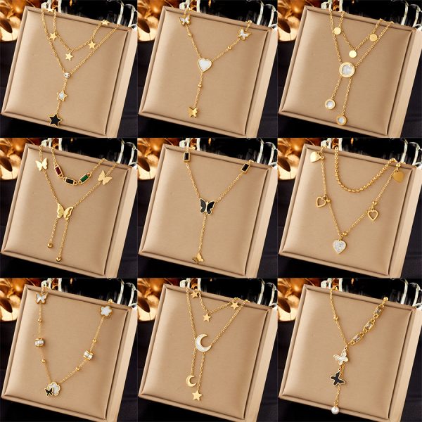 Cross-border fashion niche new pendant jewelry clavicle chain titanium steel multi-layer layered luxury women's necklace