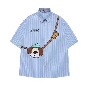 American retro trendy brand cartoon anime short-sleeved shirt men's summer thin loose and versatile casual shirt jacket men