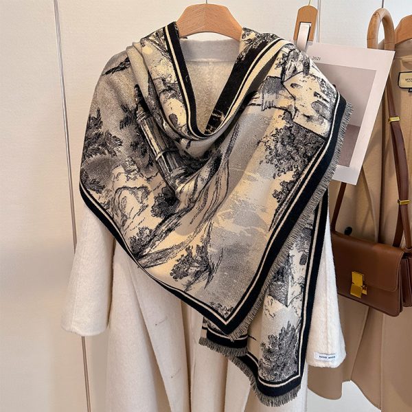 Autumn and winter new European retro oil painting landscape painting elegant fashion high-end women's imitation cashmere warm scarf