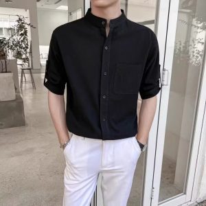 Linen Shirt Men's Short Sleeve Summer 2024 New Chinese High-end Cotton Linen Stand Collar Solid Color Casual Shirt Half Sleeve