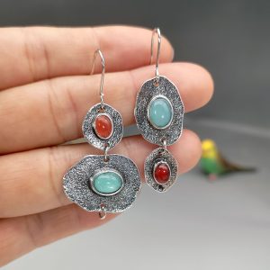 Rong Yu Bohemian mint chalcedony and faux coral earrings Creative asymmetrical vintage Thai silver earrings