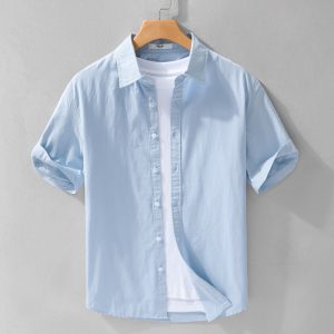 Men's simple and versatile short-sleeved shirt solid color button texture comfortable breathable fresh business casual cotton and linen shirt