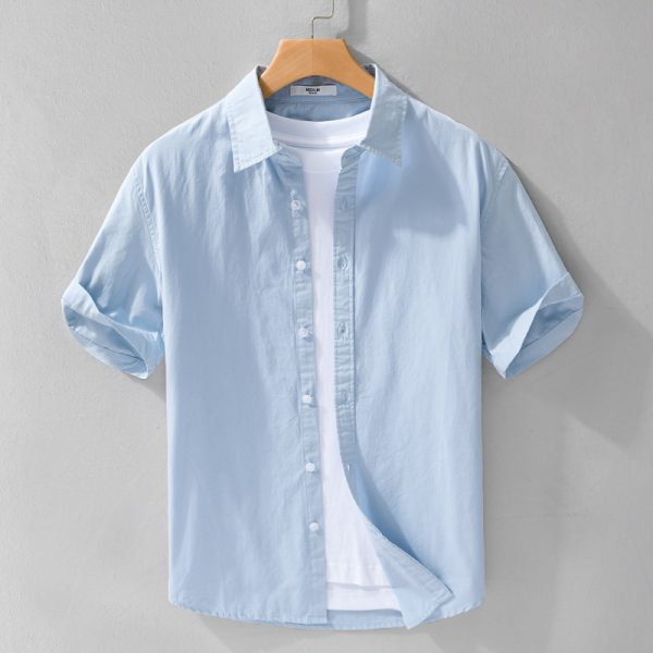 Men's simple and versatile short-sleeved shirt solid color button texture comfortable breathable fresh business casual cotton and linen shirt - Image 2
