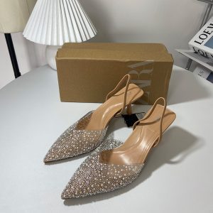 ZA New 2023 Pointed Toe High Heel Pearl Glitter Shallow Stiletto Back Strappy Back Slingback Slingback Fashion Sandals Women