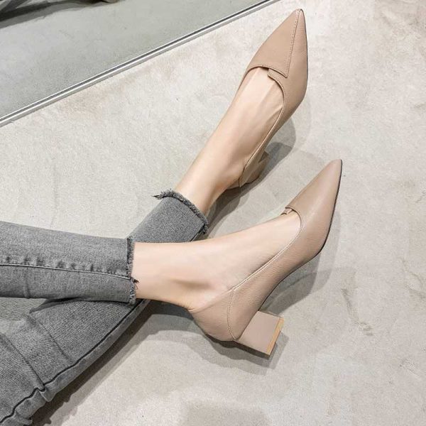 Sampers women's 2023 new spring and summer versatile high heels thick heels office professional pointed toe work leather shoes