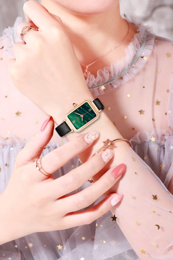 Fashion waterproof women's watch simple temperament ins wind malachite texture dial net red with the same square small green watch - Image 4