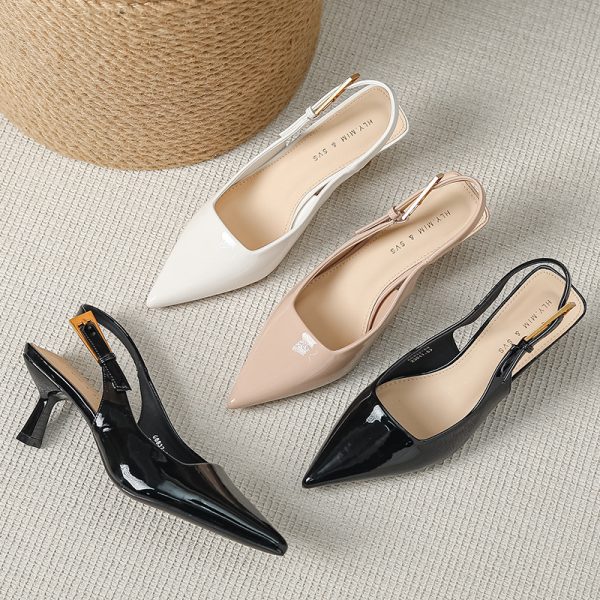 Huilia nude toe sandals women's stiletto heels 2025 summer one-button pointed toe high heels front bag back sandals for women - Image 2