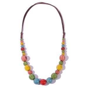W846 Vintage ethnic style ceramic necklace women's long simple color beaded collarbone chain versatile floral glaze sweater chain