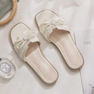 Foreign trade French small fragrance flat slippers women's sandals 2025 summer bow slippers temperament soft sole sandals
