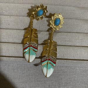 French designer bohemian feather earrings dripping oil copper plated real gold plated exotic turquoise earrings