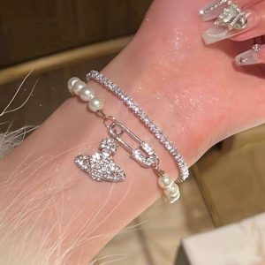 Saturn pearl bracelet women's silver full of diamonds, light luxury, niche delicate design, high-end retro ins-style bracelet