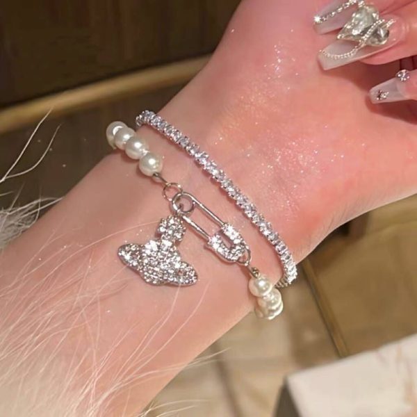 Saturn pearl bracelet women's silver full of diamonds, light luxury, niche delicate design, high-end retro ins-style bracelet