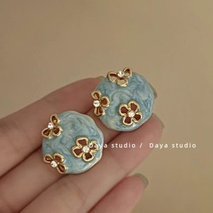 Embossed haze blue French retro drop glaze rose flower zircon earrings women's light luxury sense of luxury niche temperament