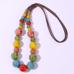 W846 Vintage ethnic style ceramic necklace women's long simple color beaded collarbone chain versatile floral glaze sweater chain