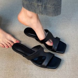 Sheepskin version ~ versatile black niche Z-shaped with open toe sandals women's summer minimalist leather comfortable high-heeled sandals