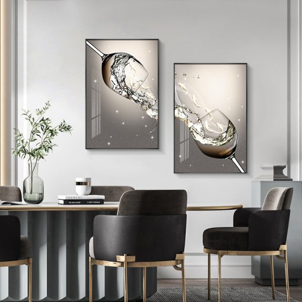 Nine Fish Picture: Diptych Restaurant Decoration Painting, Creative Wine Glass Hanging Painting, Modern Simple Dining Room Background Wall, Good Meaning Mural