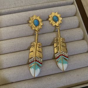 French designer bohemian feather earrings dripping oil copper plated real gold plated exotic turquoise earrings