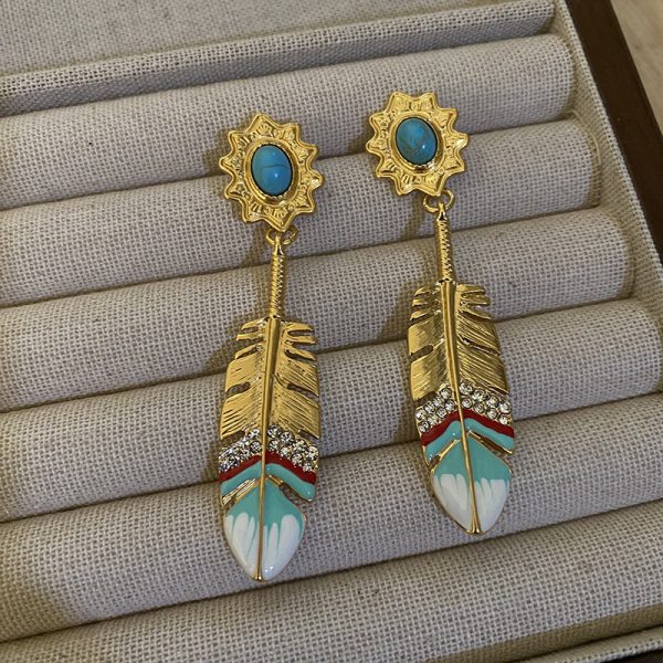 French designer bohemian feather earrings dripping oil copper plated real gold plated exotic turquoise earrings - Image 2