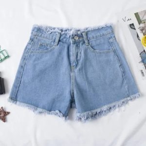 Raw edge fringed denim shorts for women small women, summer 2025 new thin high-waisted A-line loose wide-leg hot pants A