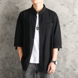 Summer linen shirt men's solid color shirt loose men's Chinese style cotton linen men's casual jacket seven points cross-border