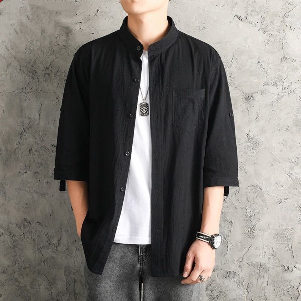 Summer linen shirt men's solid color shirt loose men's Chinese style cotton linen men's casual jacket seven points cross-border - Image 3